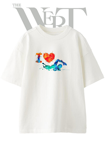 THEWERT Μπλουζάκι Swimmer Splash Design με στάμπα Unisex Λευκό Oversize