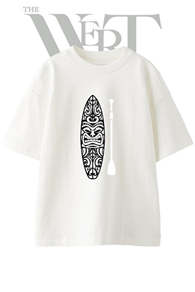 THEWERT Tiki Surfboard Design Printed Unisex White Oversize T-Shirt