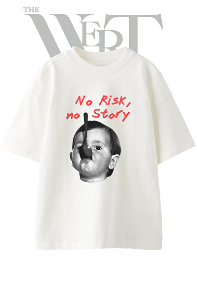 THEWERT No Risk No Story Design Printed Unisex White Oversize T-Shirt