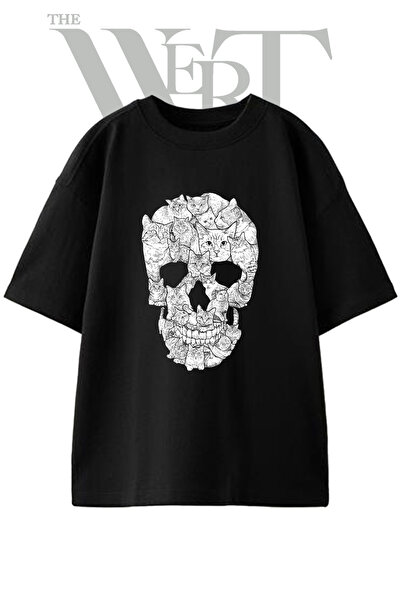 THEWERT Μπλουζάκι Unisex με στάμπα Cat Skull Design σε μαύρο χρώμα oversize