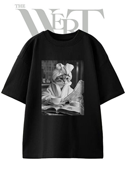 THEWERT Cat Towel Design Printed Unisex Black Oversize T-Shirt