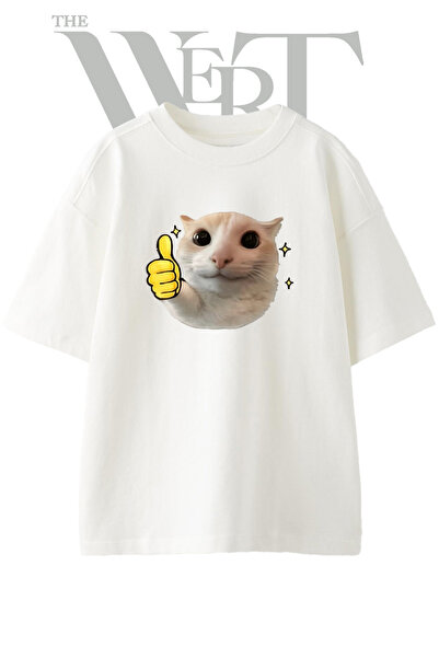 THEWERT Μπλουζάκι Unisex Λευκό Oversize με στάμπα Cat Thumbs Up Design
