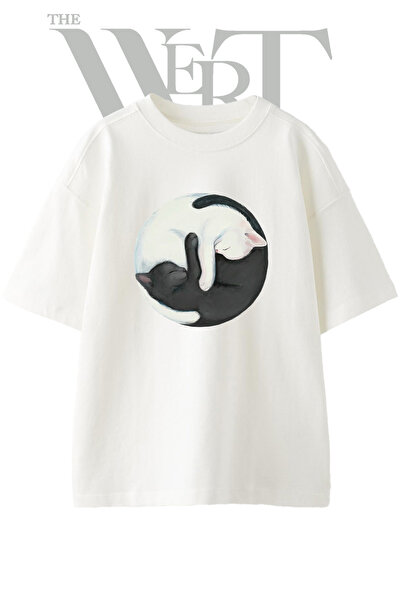 THEWERT Tricou oversize alb unisex cu imprimeu Yin Yang Cat Design