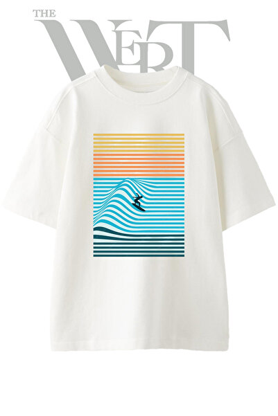 THEWERT تي شيرت أبيض كبير الحجم مطبوع بتصميم Op Art Surfer للجنسين
