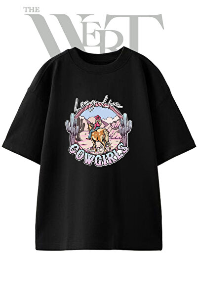 THEWERT Cowgirl Horse_1 Design Printed Unisex Black Oversize T-Shirt