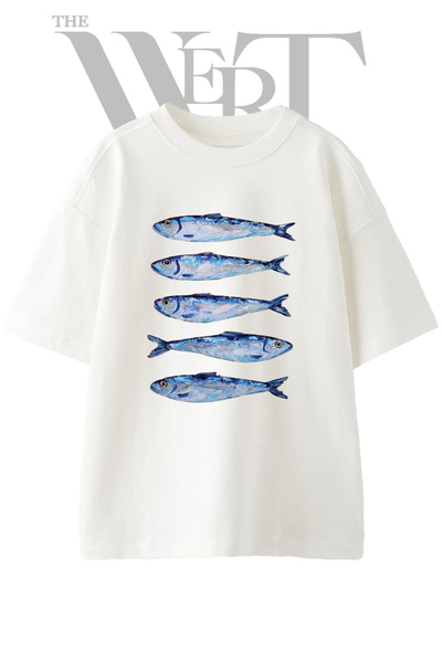 THEWERT Μπλουζάκι Unisex Λευκό Oversize με Τυπωμένο Σχέδιο Ζωγραφικής Σαρδέλας