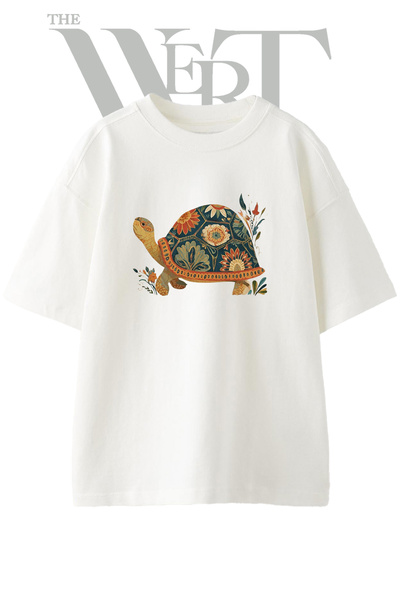 THEWERT Tricou oversize alb unisex cu imprimeu floral Turtle Design