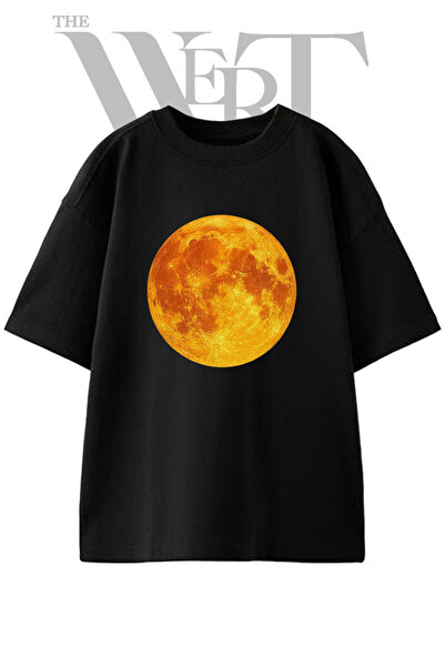 THEWERT Moon Crater Design Printed Unisex Black Oversize T-Shirt