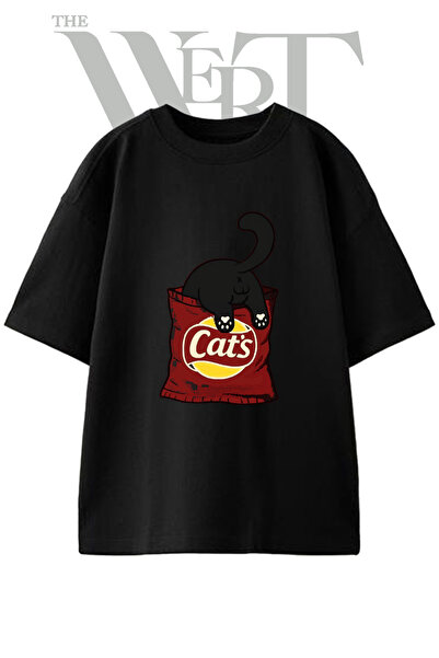 THEWERT Tricou oversize negru unisex cu imprimeu Cat Chips Design