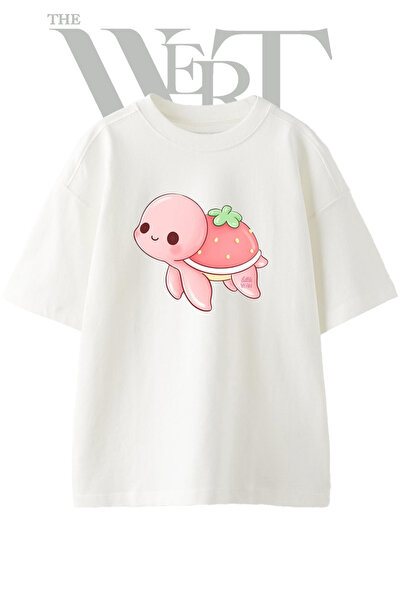 THEWERT Strawberry Turtle Design Printed Unisex White Oversize T-Shirt