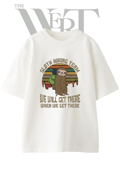 THEWERT Μπλουζάκι Unisex με στάμπα Sloth Hiking Design, λευκό, oversized