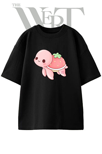 THEWERT Μπλουζάκι Unisex Μαύρο Oversize με στάμπα Strawberry Turtle Design