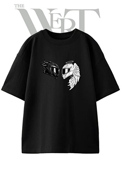 THEWERT Helmet Angel Devil Design Printed Unisex Black Oversize T-Shirt