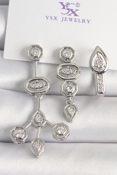 Mega Bazaar Brass Silver Color Zircon Stone Geometric Model 3-Piece Women's C...