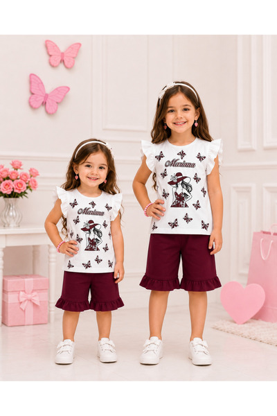 Generic Brand Girls' Butterfly Printed Ruffle Detailed T-Shirt and Long Short...