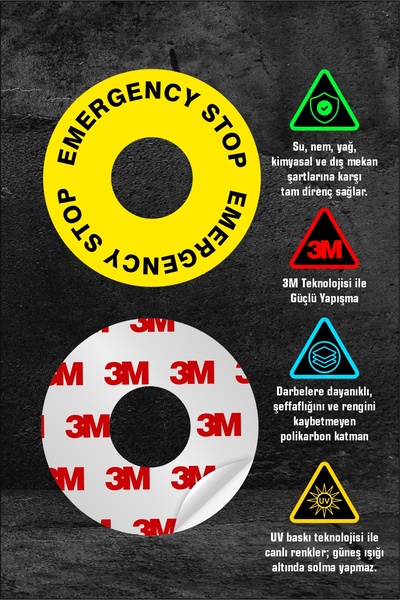 Emergency Stop Etiketi Ø 60 mm - Policarbon 3M - UV Baskı - Acil Stop Buton Etiketi - 10 Adet