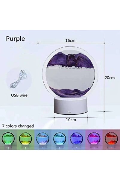 epazzar Işıklı Kum Saati Mor 3d Cam 7 Renk Multicolor Çöl Tasarımlı Sulu Dokunmatik Panelli Usb Girişli