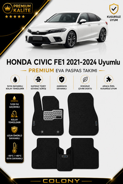 COLONY Honda Civic FE1 Uyumlu EVA Paspas Tam Set–Araca Özel,Kolay Montaj,Su G...