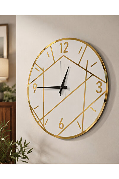 AA Shop Modern Geometrik Duvar Saati Gold ve Gümüş Aynalı Pleksi Detaylı Sess...
