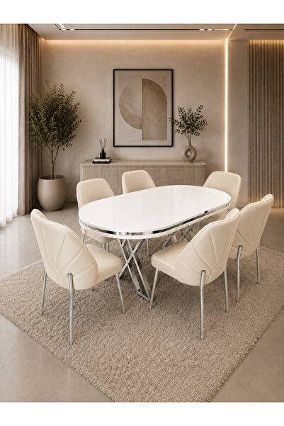 Concept Ayz Home Verona Krom Serisi 6 Kişilik Krem Kumaş 90*168 Beyaz Lake Pa...
