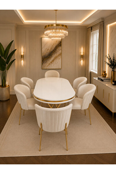 Concept Ayz Home Pera Gold Serisi 6 Kişilik Krem Kumaş 90*168 Beyaz Lake Pane...