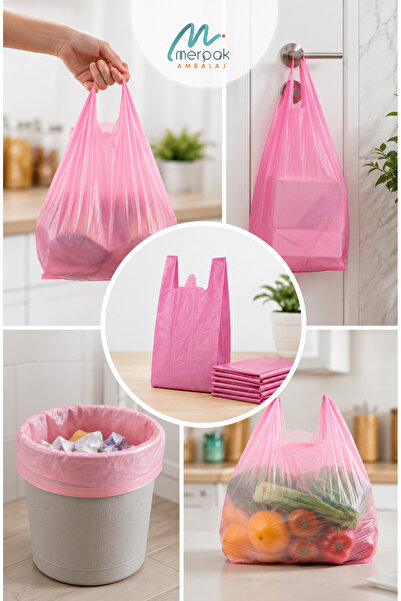 Merpak Ambalaj Kalın Pembe Poşet Orta Boy 1 Kg Market Manav Poşeti 28x50 cm Çöp Poşeti Hışır Atlet Poşet