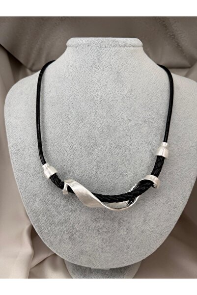 ZS Aksesuar Women's Black Knitted Leather Cord Silver Color Twisted Metal Det...