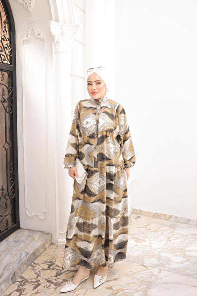 İmajButik Φόρεμα βισκόζης με μισό μανίκι, ελαστικό μανίκι, φούστα με κουμπιά ...
