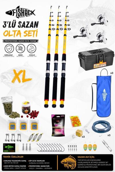 Fishack Full Set Profesyonel 3'lü Sazan Olta Seti - XL - Kırılmaz Kamış - 3.6...