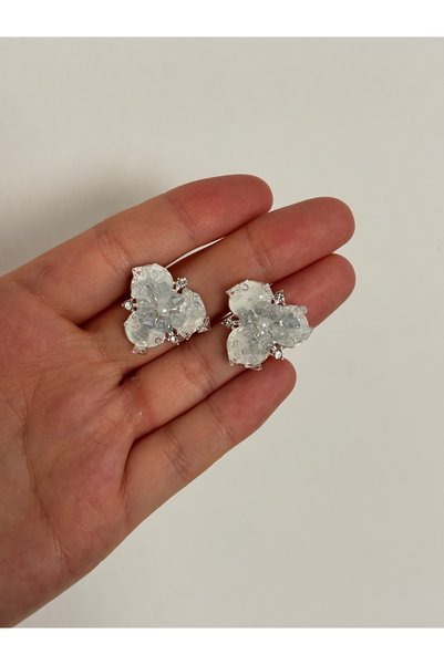 DİESMOONCO Women's Flower Earrings Stylish Steel Earrings with White Pearl Detail