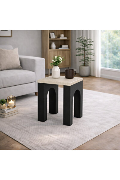 Palma homez Side Table with Beige Top and Black Legs – 50X50X55 cm