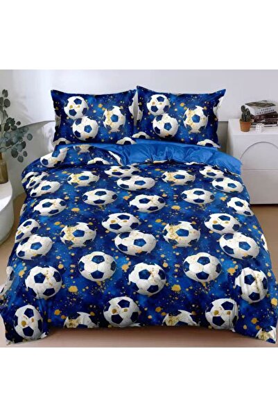 decorami Lenjerie pat dublu cu Elastic, bumbac satinat, Albastru, mingii de f...