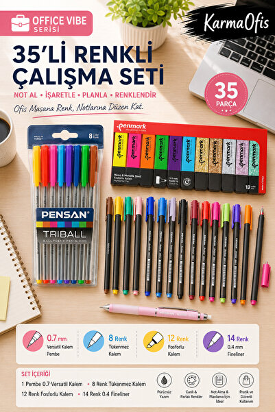 KarmaOfis 35’li Renkli Ofis Kalem Seti | 8 Tükenmez, 6 Simli 6 Neon Toplam 12...