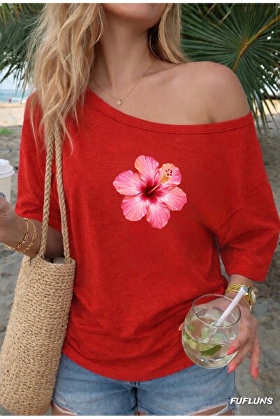 FUFLUNS Pink Flower Printed Oversized Women's Boat Neck T-Shirt
