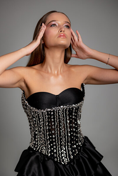 Generic Brand Corset negru elegant cu cristale argintii
