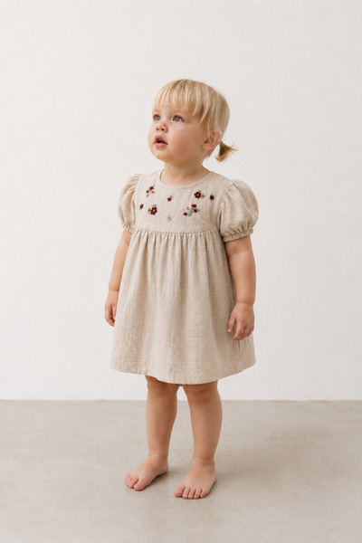 Elo Beige Baby Dress with Floral Embroidery and Watermelon Arm Bandana
