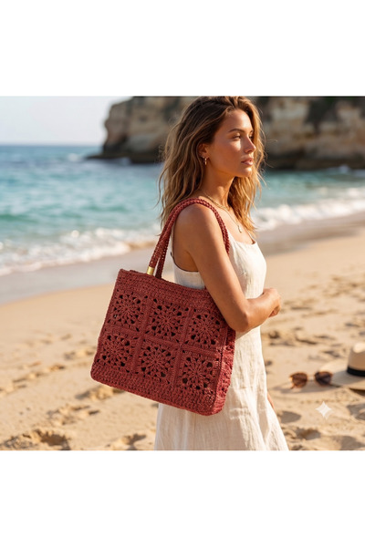 Verda Desing Boho Style Hand Knitted Paper String Red Shoulder Bag - Summer D...
