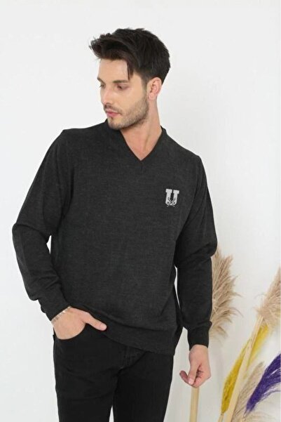 Mariposa Secret Men's V-Neck Sweater Printed Woven Knitwear - Smoked
