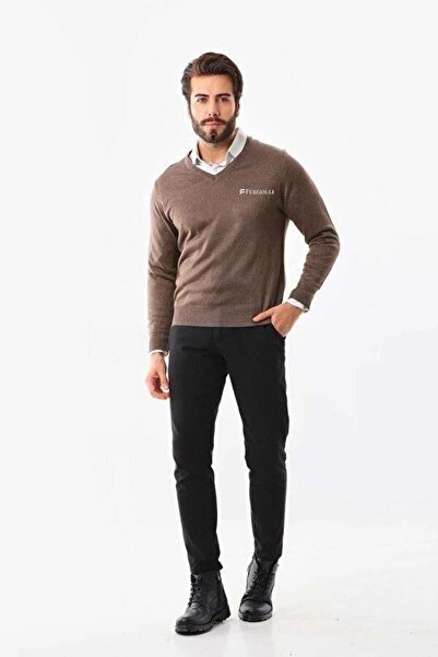 Mariposa Secret Men's V-Neck Sweater Printed Woven Knitwear - Brown
