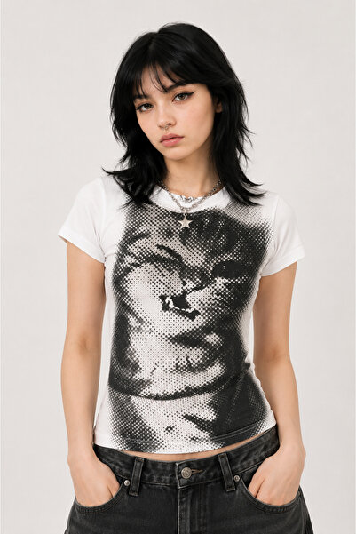 None Wear White Baby Cat Gothic Y2K Short Sleeve Crop