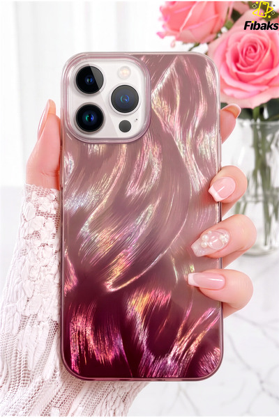 Fibaks iPhone 14 Pro Max / 15 Pro Max Kılıf Tüy Ebru Desenli Darbe Emici Rose...