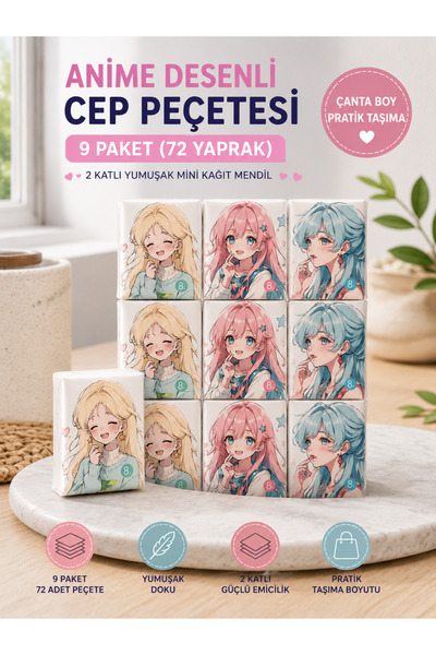 KEA Anime Desenli Cep Peçetesi 9 Paket (72 Yaprak) 2 Katlı Yumuşak Mini Kağıt...