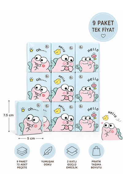 KEA Mini Cep Peçetesi 9 Paket Kurbağa Desenli 72 Yaprak Kağıt Mendil