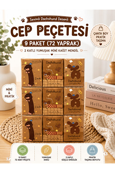 KEA Köpek Desenli Cep Peçetesi 9 Paket 72 Yaprak 2 Katlı Yumuşak Kağıt Mendil
