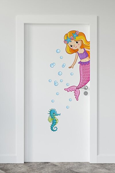 Sim Tasarım Mermaid And Sea Horse Children's Room Left Hand Door Wall Sticker...