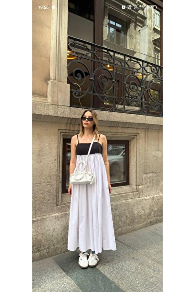 Moda hida Poplin keten siyah beyaz CHPli elbise
