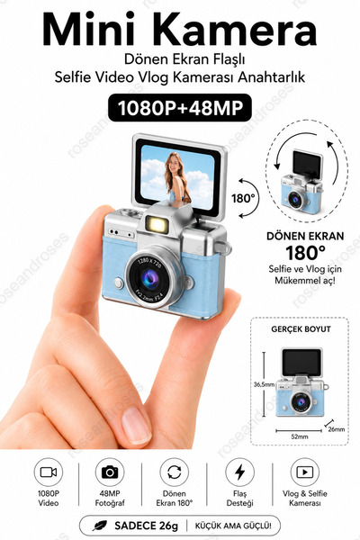 RoseandRoses Dijital Mini Kamera Dönen Ekran Flaşlı Selfie Video Vlog Kameras...