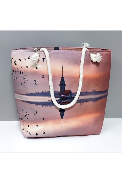 Generic Brand Aconcept Galata Tower Patterned (53156) Beach Bag-Lilac