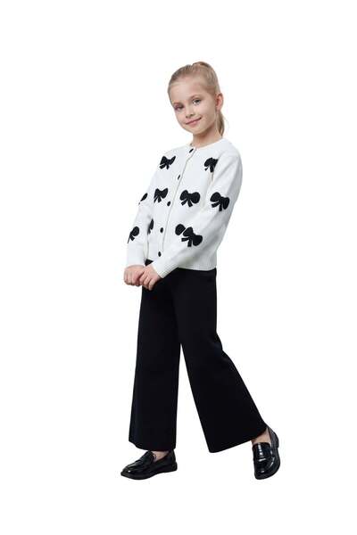 NEWKİDS Girls' Set Children's Bowknot Long Sleeve Cardigan Pants Syh Detail G...