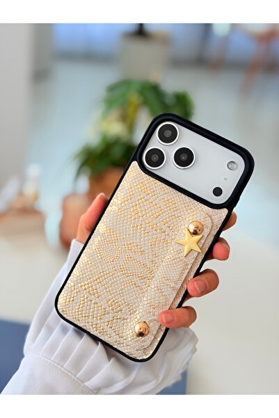 Go Aksesuar Iphone 17 PROMAX Uyumlu Tutacaklı Yıldız Tasarımlı Deri Görünümlü Esnek Silikon Kılıf